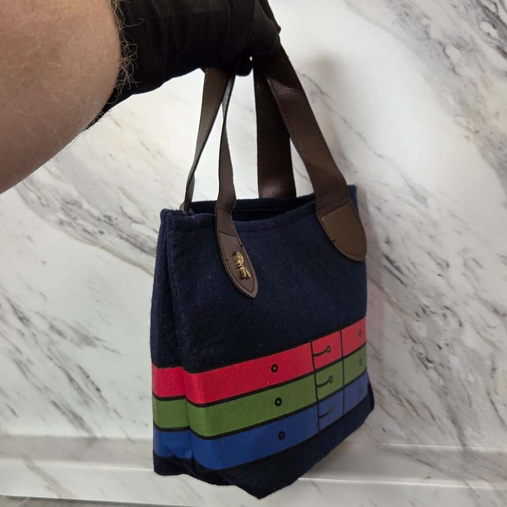 Roberta di Camerino Blue Wool Felt Tote Bag Faux Leather Handles Small - Picture 5 of 8